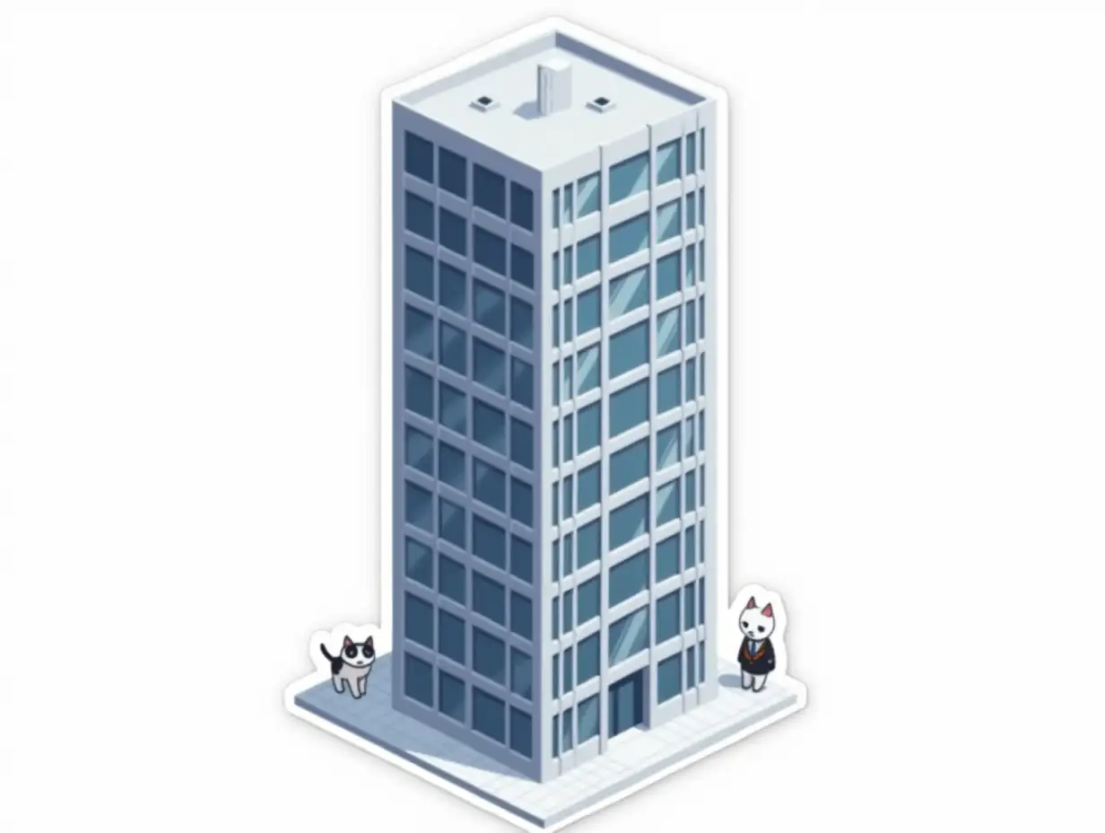 vinyl exit sticker depicting a isometric silver-colored skyscraper with mirrored dark blue windows arranged in solid vertical lines for the entire height of the building. The facade of the building has the texture of silver metal square panels, solid vertical silver stripes from bottom to top. Below, there are two small white cats in office clothes. Cut sticker design, high resolution, white background, paint in anime style