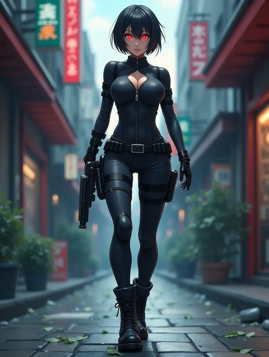 Short hair, mature Asian woman thief cyber runner in a dynamic full-length pose, eyes with red electronic pupils, large breast, extreme skintight body glove zipped down with cleavage, combat boots and combat belt. Full view of her body from boots up, low wide angle. Future store filled city alley street. Anime