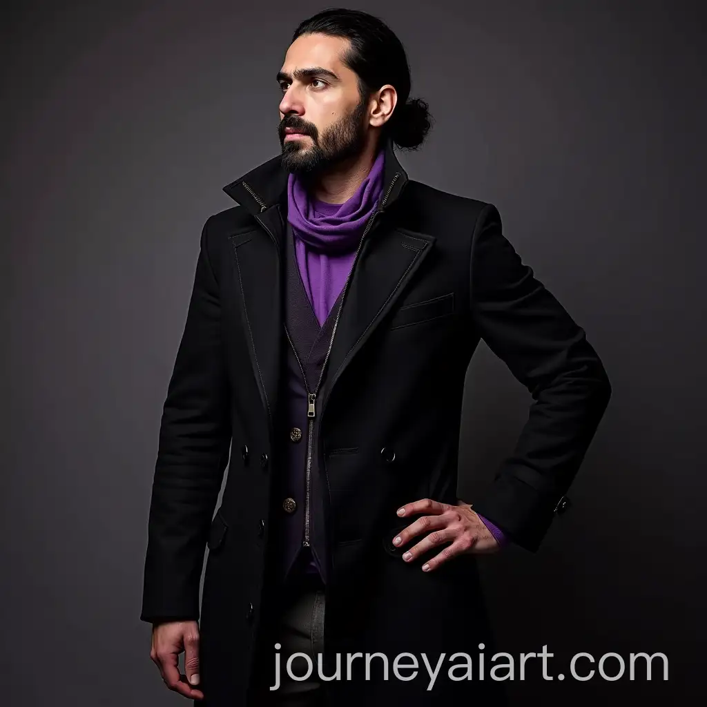 Man-in-Black-Coat-with-Purple-Long-Sleeve-and-GreedThemed-Accessories
