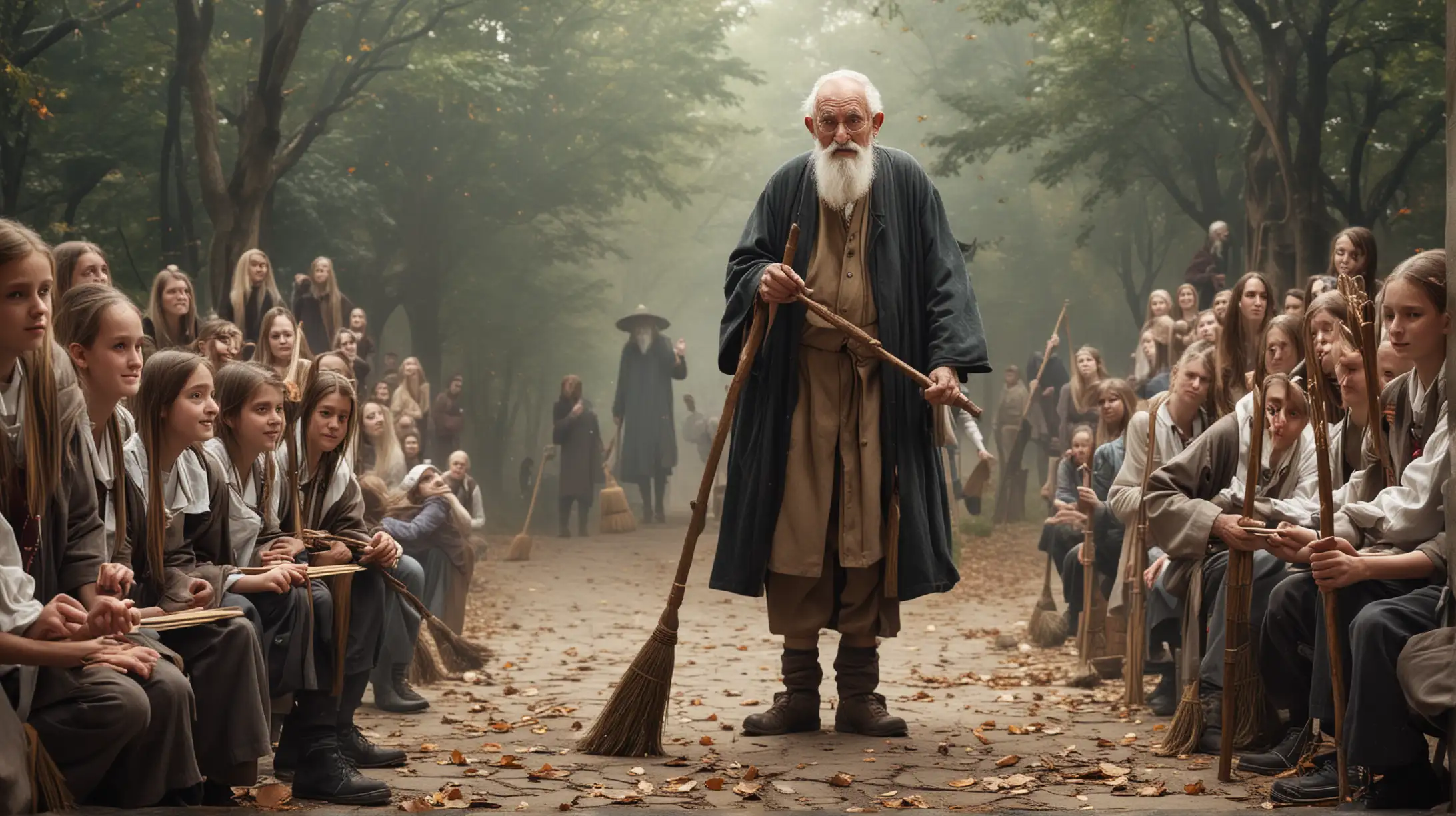 Wise Old Man Teaching Students with a Broom