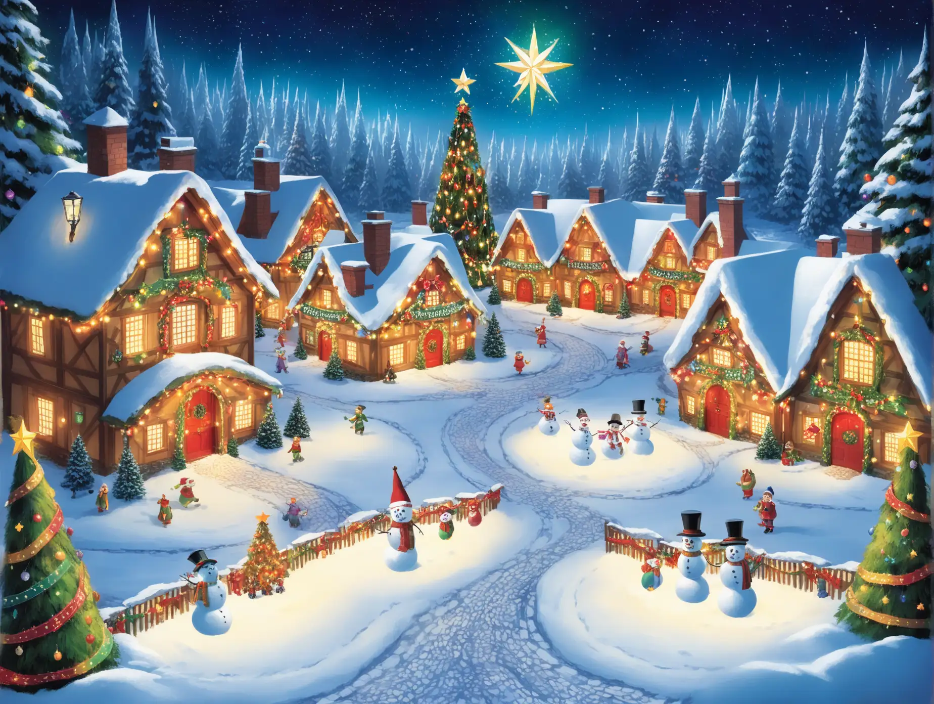 Magical-Aerial-View-of-Santas-Hidden-Village-at-Night-with-Snowmen-and-Christmas-Tree