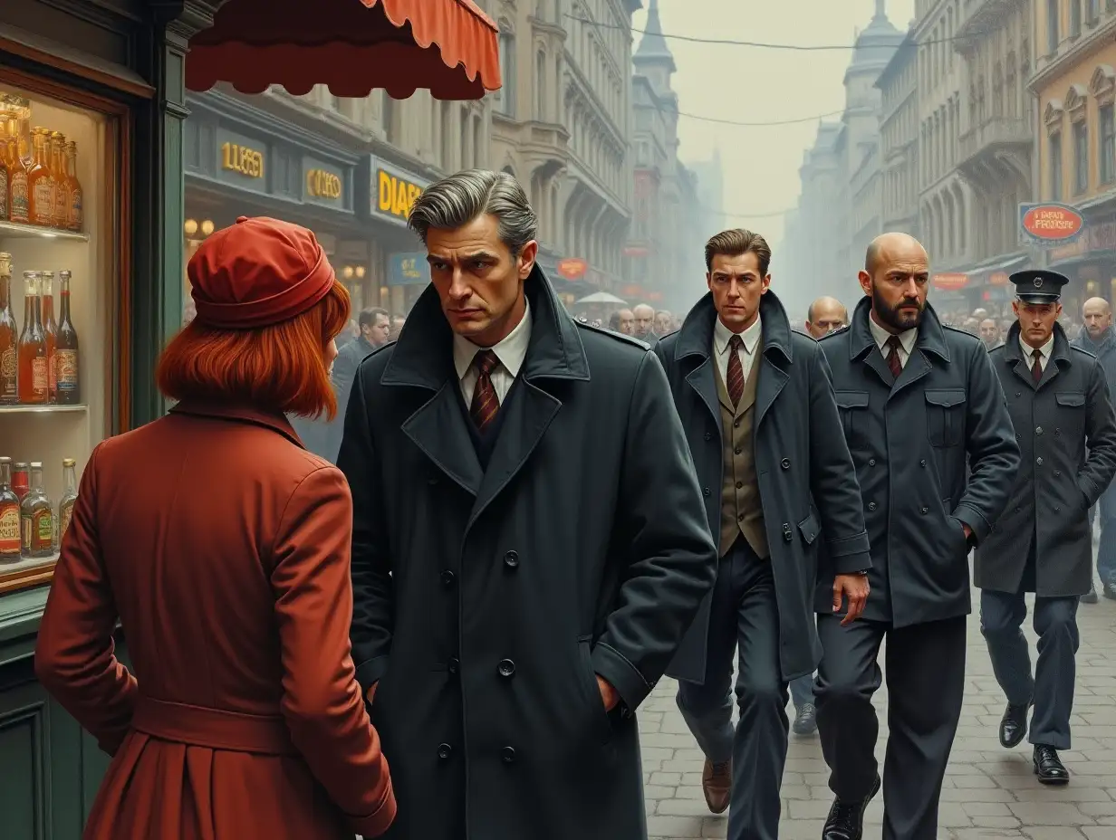 A redhead and a tall skinny grey-haired man sneakily approaches a kiosk. Three men of criminal appearance and one man in Russian police uniform are following him eagerly. Oil painting.