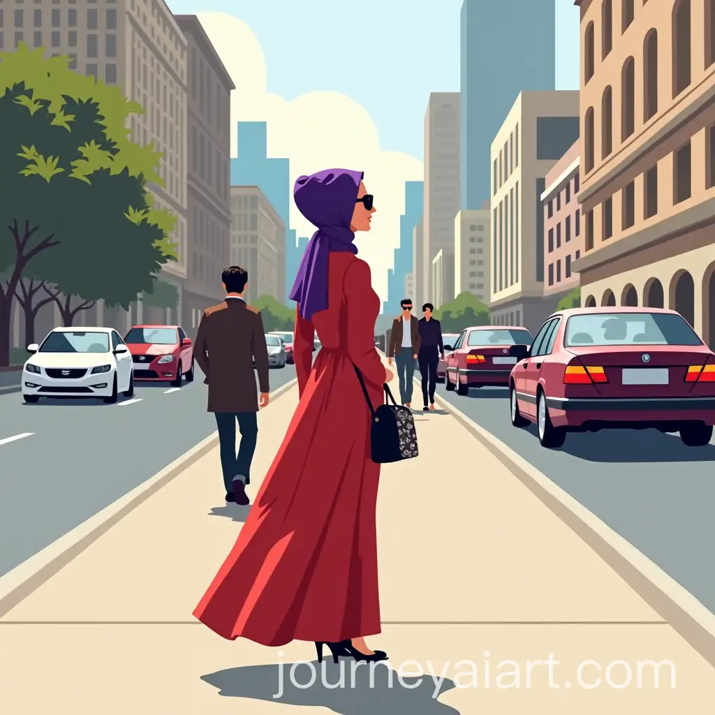 Woman-in-Red-Dress-with-Purple-Headscarf-on-Busy-City-Sidewalk