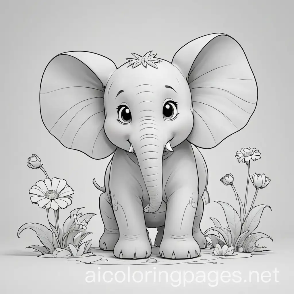 Black-and-White-Line-Art-Flowerelephant-Coloring-Page-for-Kids