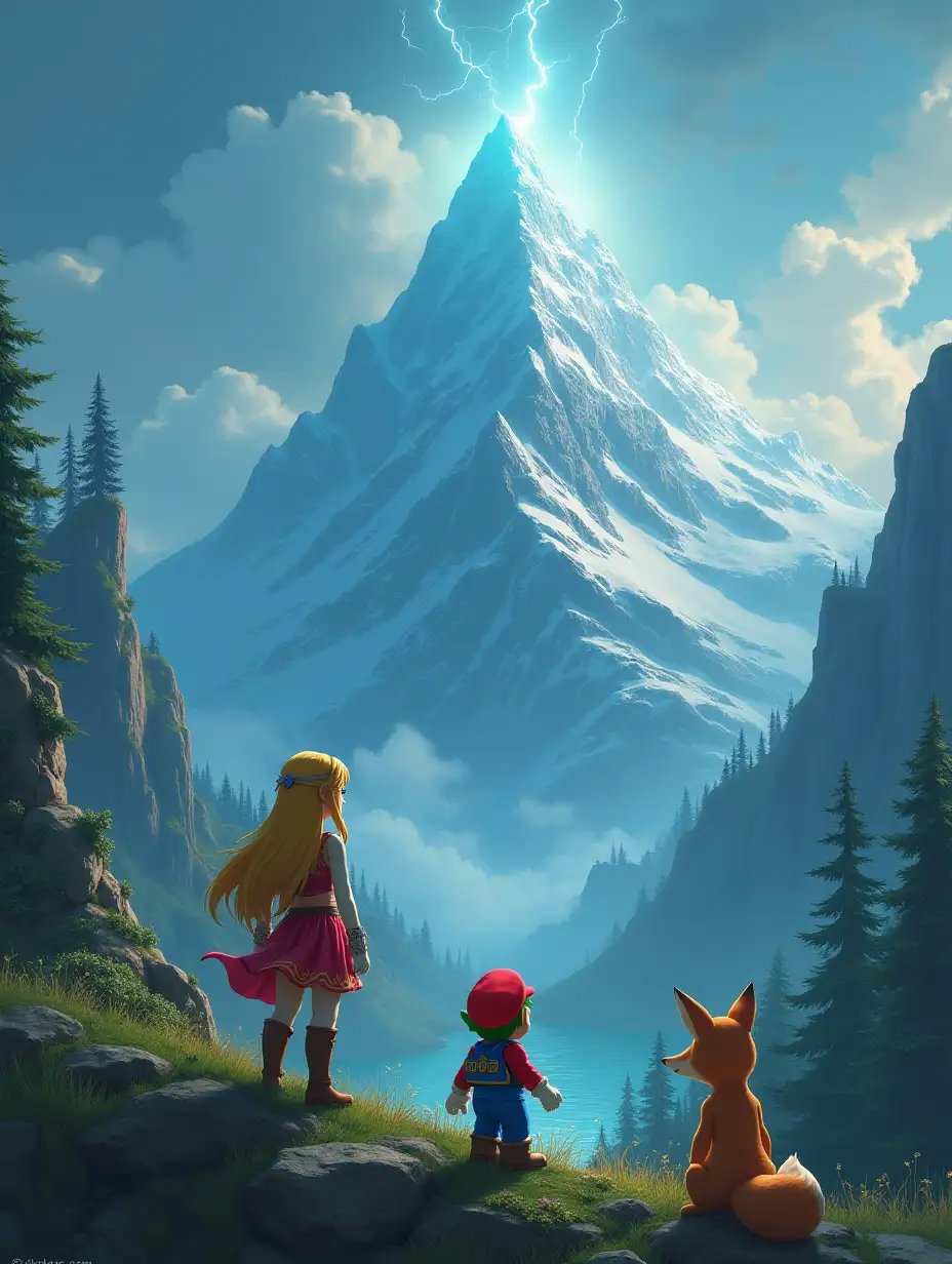 Princess Zelda, Mario, and Fox standing at the foot of a great mountain looking up to the peak. with a thunderstorm brewing in the skies