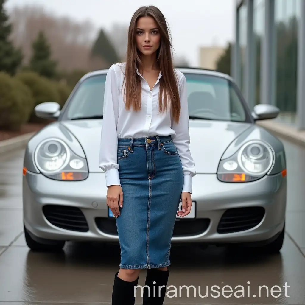 Stylish Young Woman in Bodycon Denim Skirt Beside a Silver Porsche 550A Spyder