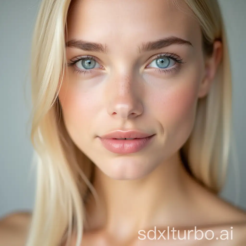 A close-up portrait of a young woman with smooth, fair skin and a flawless complexion. She has striking light blue eyes and long lashes, with naturally shaped eyebrows. Her lips are full and softly colored in a natural pink shade, giving a subtle yet elegant appearance. The woman's hair is straight, silky, and light blonde, gently framing her face. The lighting is soft and even, emphasizing her facial features with a delicate glow. The background is neutral, enhancing the focus on her facial details, giving the portrait a clean and minimalist aesthetic.