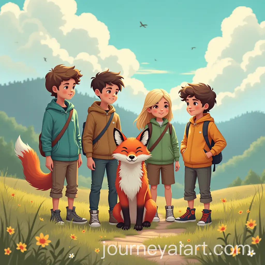 Group-of-Young-People-and-Robotic-Fox-in-Landscape