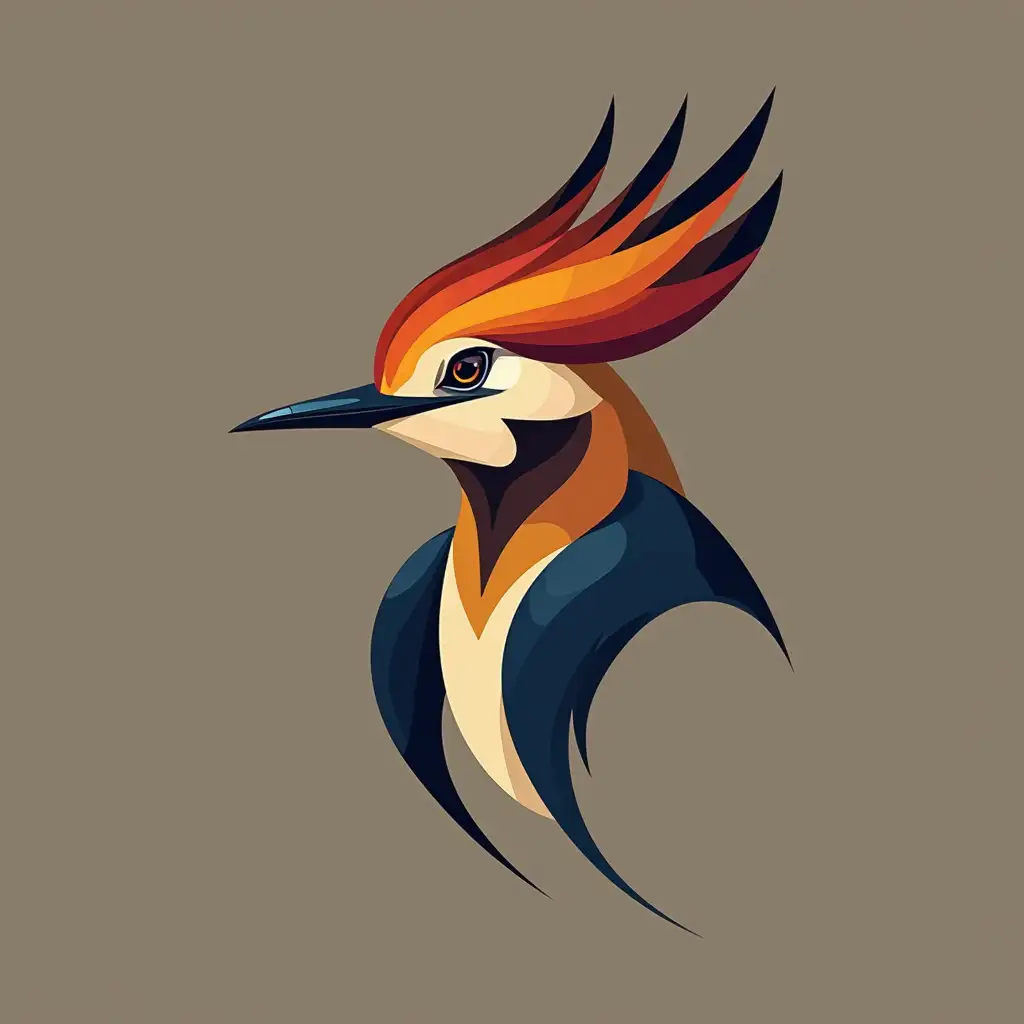 A modern, vector-style graphic logo design of a hoopoe bird’s head, focusing on its iconic crest and elegant features. The design emphasizes clean, bold, and minimalistic shapes with geometric precision. It incorporates persian warm color such as saffron, crimson, persian blue, and gold to create a dynamic and visually striking look. The style should be sleek, abstract, and suitable for scalable vector use, making it ideal for professional branding or a news mobile application.