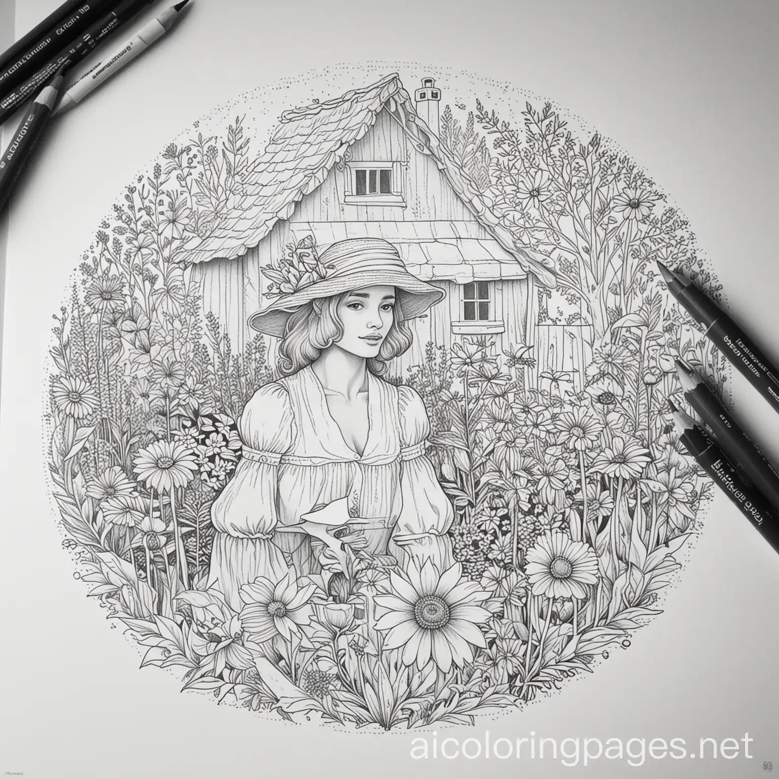 Line-Art-for-Adult-Coloring-Book-Flowers-and-Women-with-French-Hut