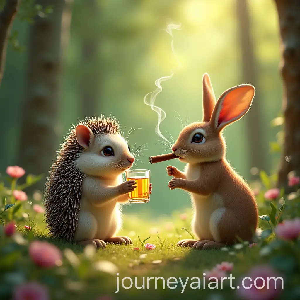 Hedgehog-and-Rabbit-in-Summer-Forest-Relaxing-with-Gin-and-Cigar