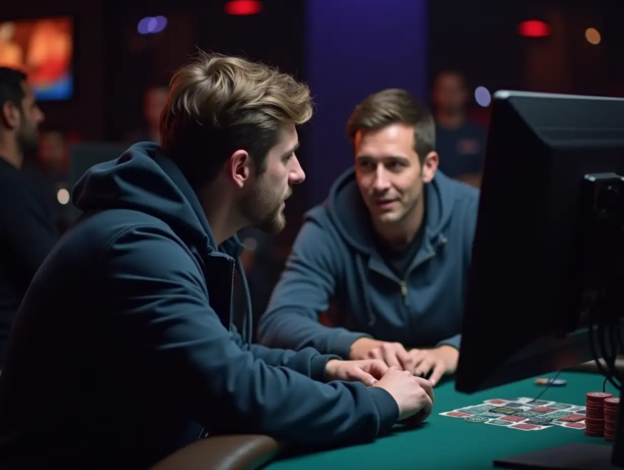 journalist interviews poker player online at computer they look at each other