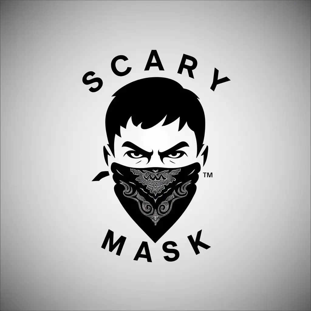 a logo design,with the text "Scary Mask", main symbol:Face of a teenage boy with a ruthless look with very short hair under a bandana covering his nose and mouth, minimalism in black and white style, bandana with interesting symbolics, without extra objects,Moderate,be used in Others industry,clear background