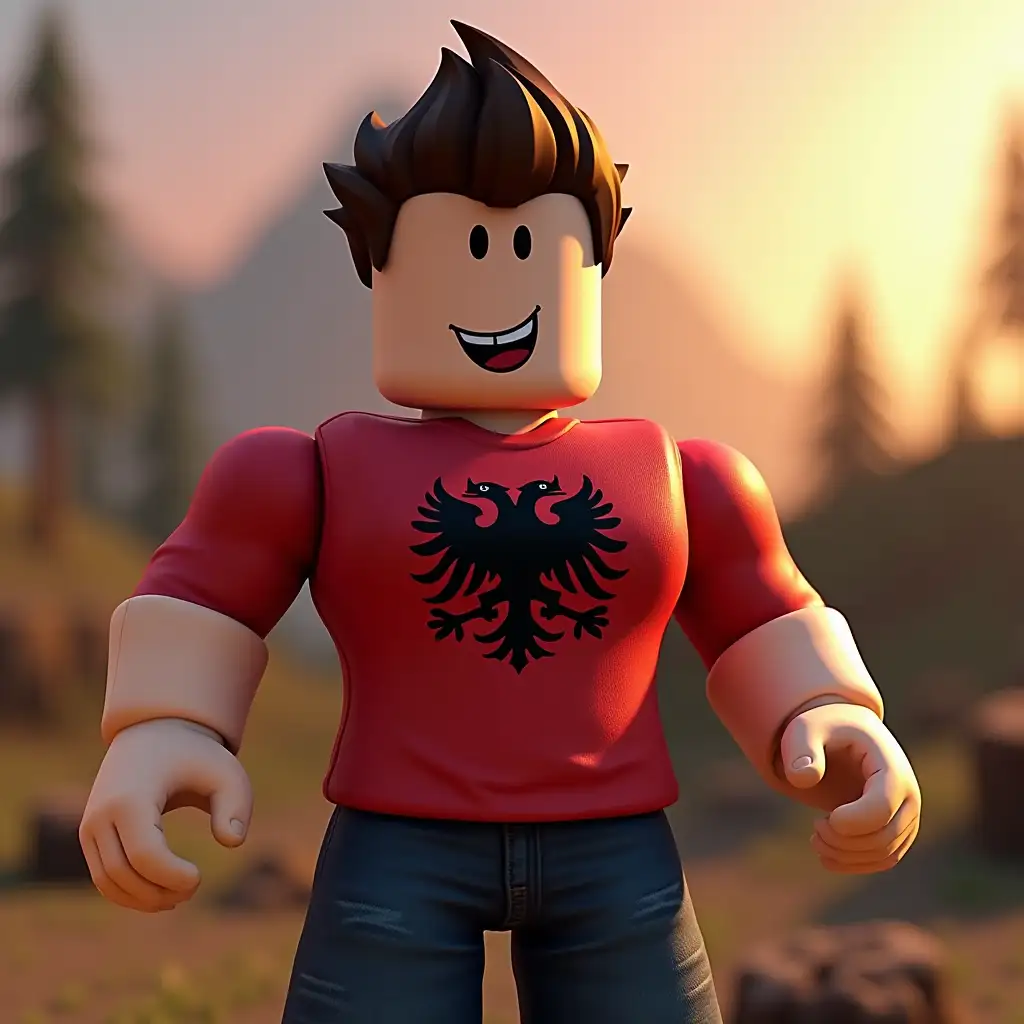 generate a youtube profile picture about a game on roblox named lumber tycoon 2 make it to wear an albanian flag shirt with yo bang on the shirt