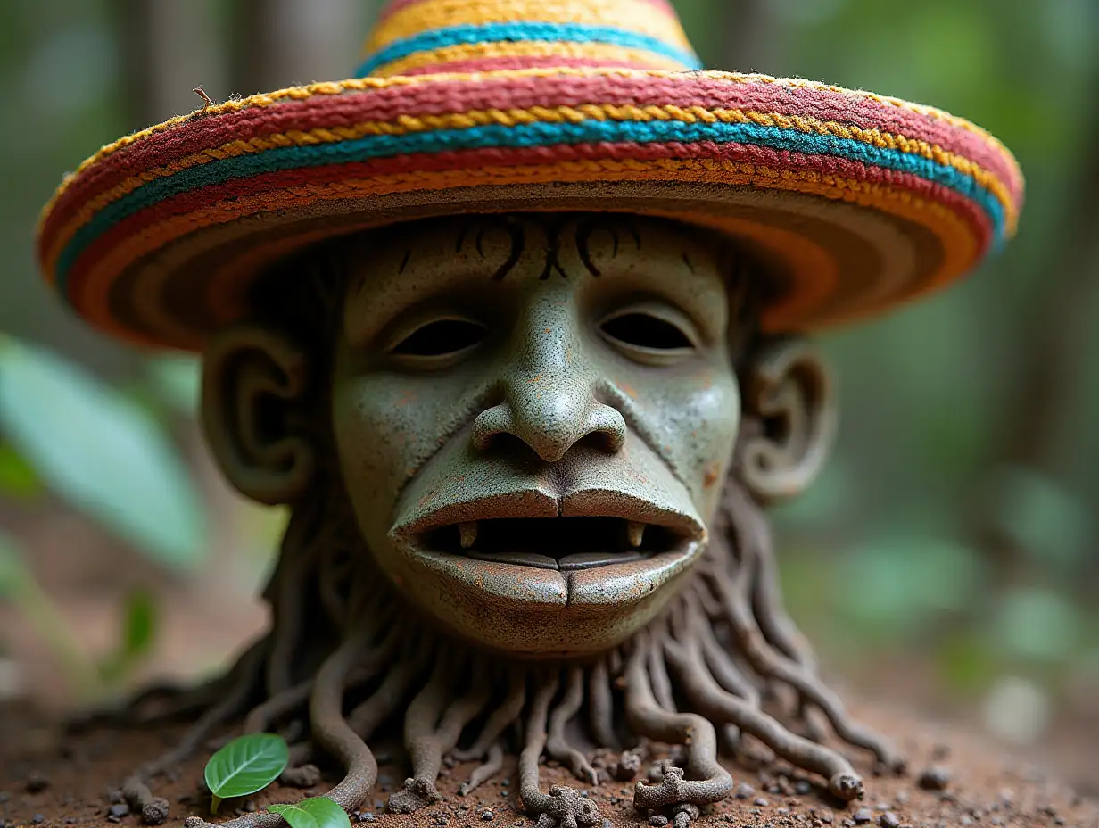 Stone face with colorful Sombrero in mouth roots full body representation