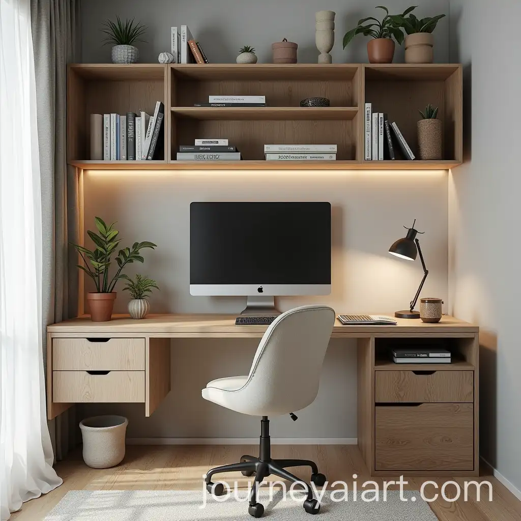 Modern-Home-Office-Setup-with-WallMounted-Monitor-and-Bookshelf