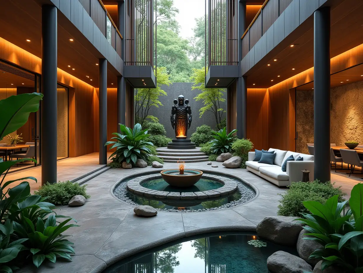 Large modern living room with fountain, Attack on Titan Statue, lighting with furnishing, plants with Zen garden with carefully tended rocks, a meditative 180 degree shot 8K resolution Vibrant