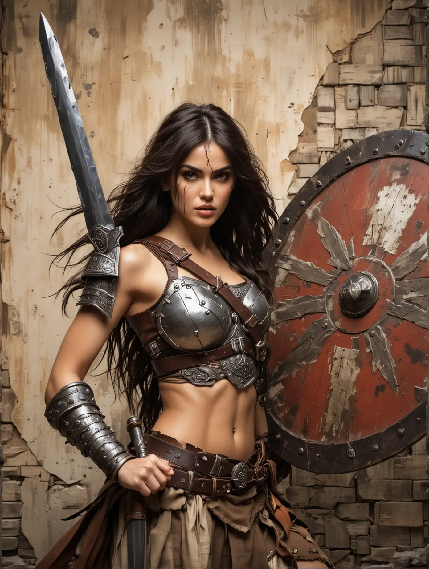 detailed face of Beautiful camila belle was cosplaying as barbarian fighter, holding a sword and shield, in dynamic battle pose, torn brickwall background, Ukiyo-e style, yoshitaka amano work art