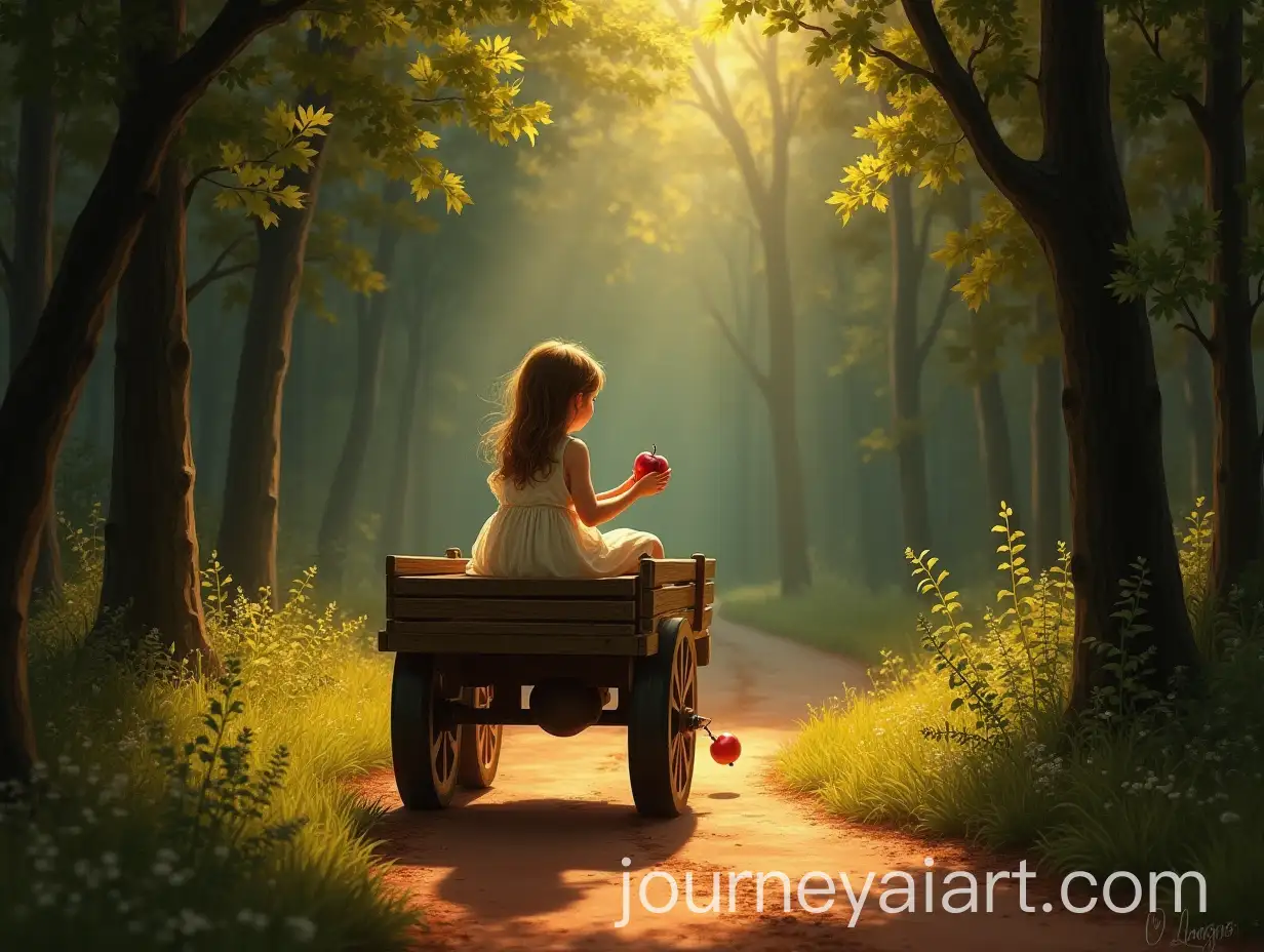 Little-Girl-in-Cotton-Dress-Riding-Wooden-Cow-Cart-in-Forest-Shadows