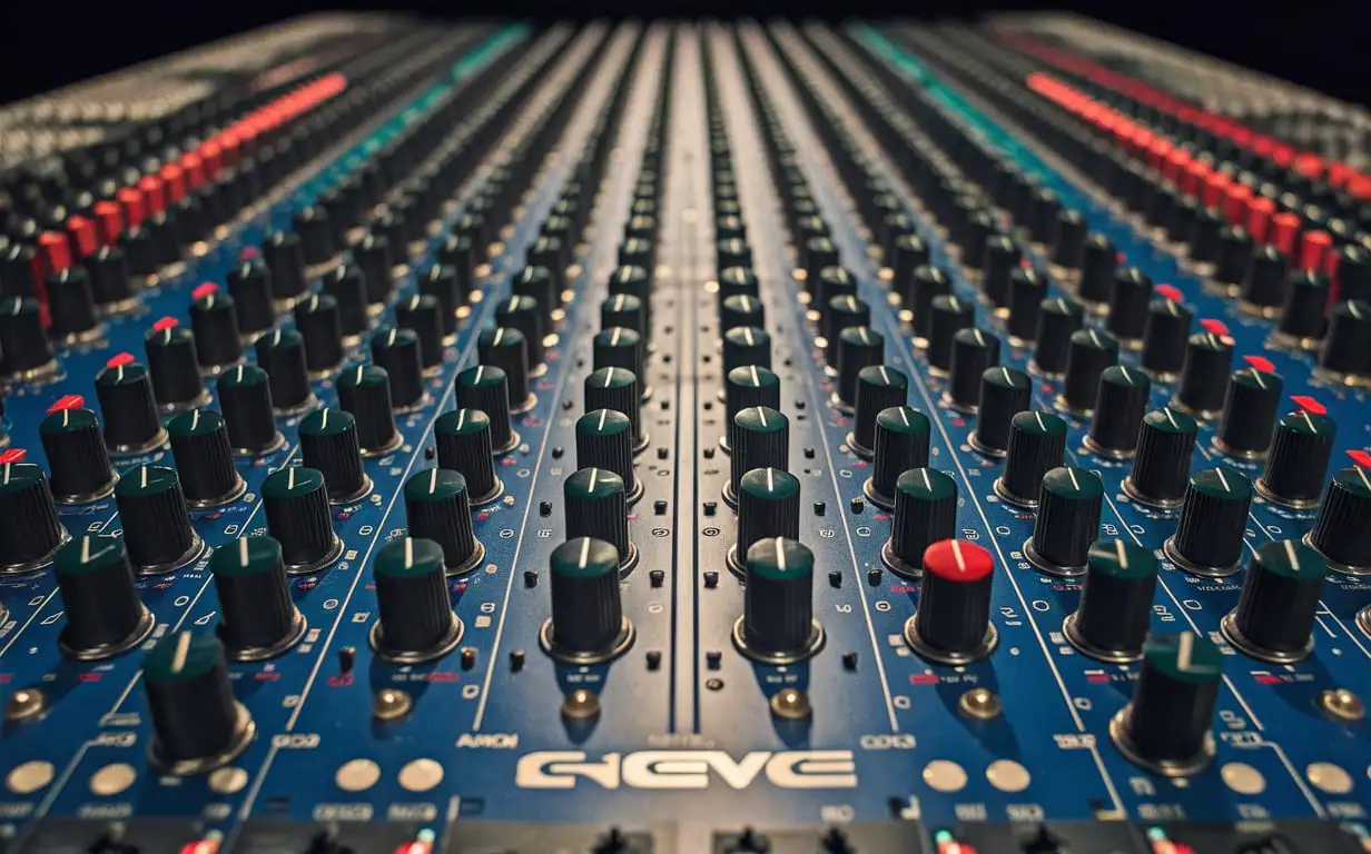 hundred of EQ potentiometers from a NEVE mixing console desk, main colors are blue, black, red and green, view from a very close hovering point, make it very realistic, intricate details, insane resolution
