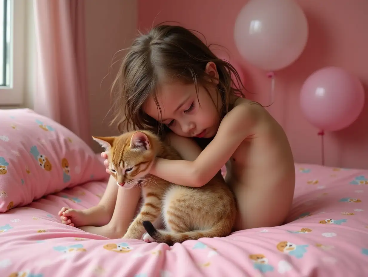 Skinny-Girl-with-Kitten-in-Pink-Bedroom-with-Balloons-and-Puppies-on-Bedspread