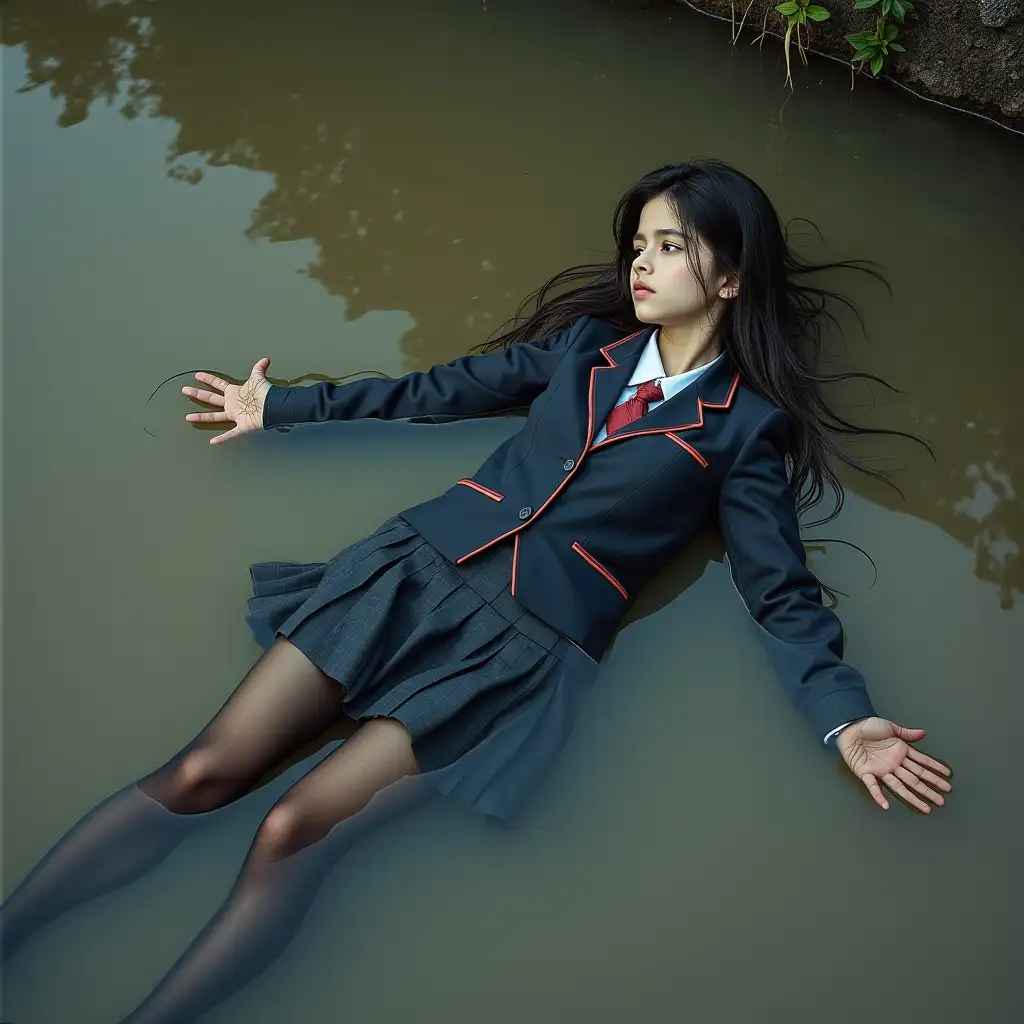 schoolgirl in school uniform, with a skirt, blazer, blouse, dark tights, high-heeled shoes. Swims in a dirty pond, lies in the water, body under water, body underneath the surface of the water, fully wet clothes, no dry parts of the clothes, wet clothes stick to the body.