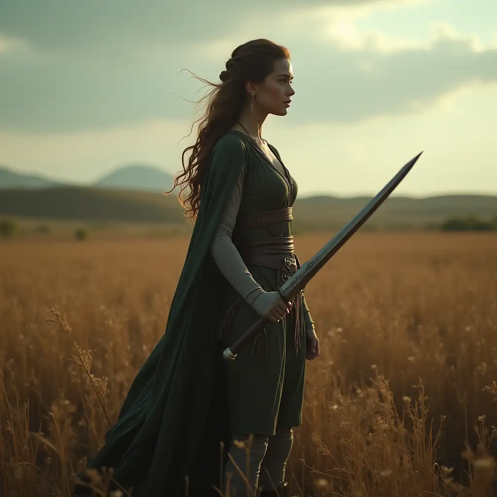 Female-Warrior-in-a-Cinematic-Field-with-Exposed-Sword