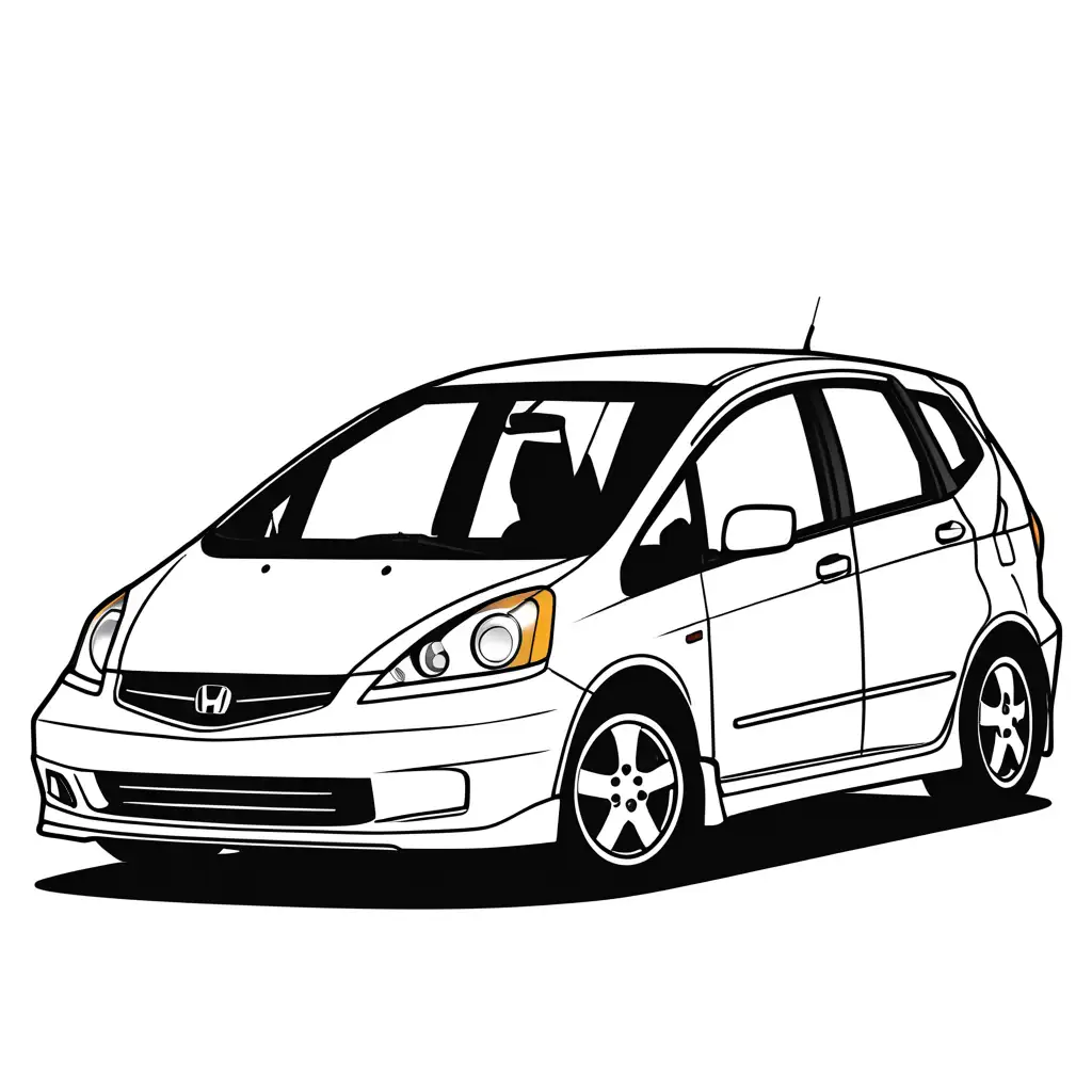 2006 honda fit, Coloring Page, black and white, line art, white background, Simplicity, Ample White Space