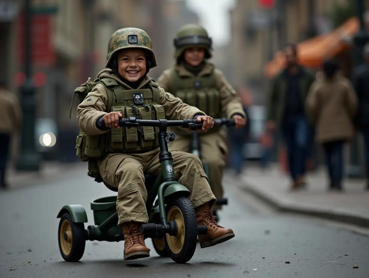 Soldiers are driving in the city with a child's tricycle