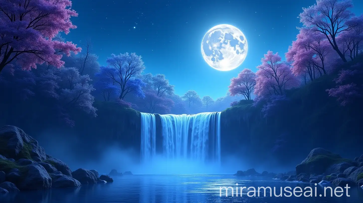 Enchanting Fantasy Waterfall Under Moonlight with Blue and Purple Trees