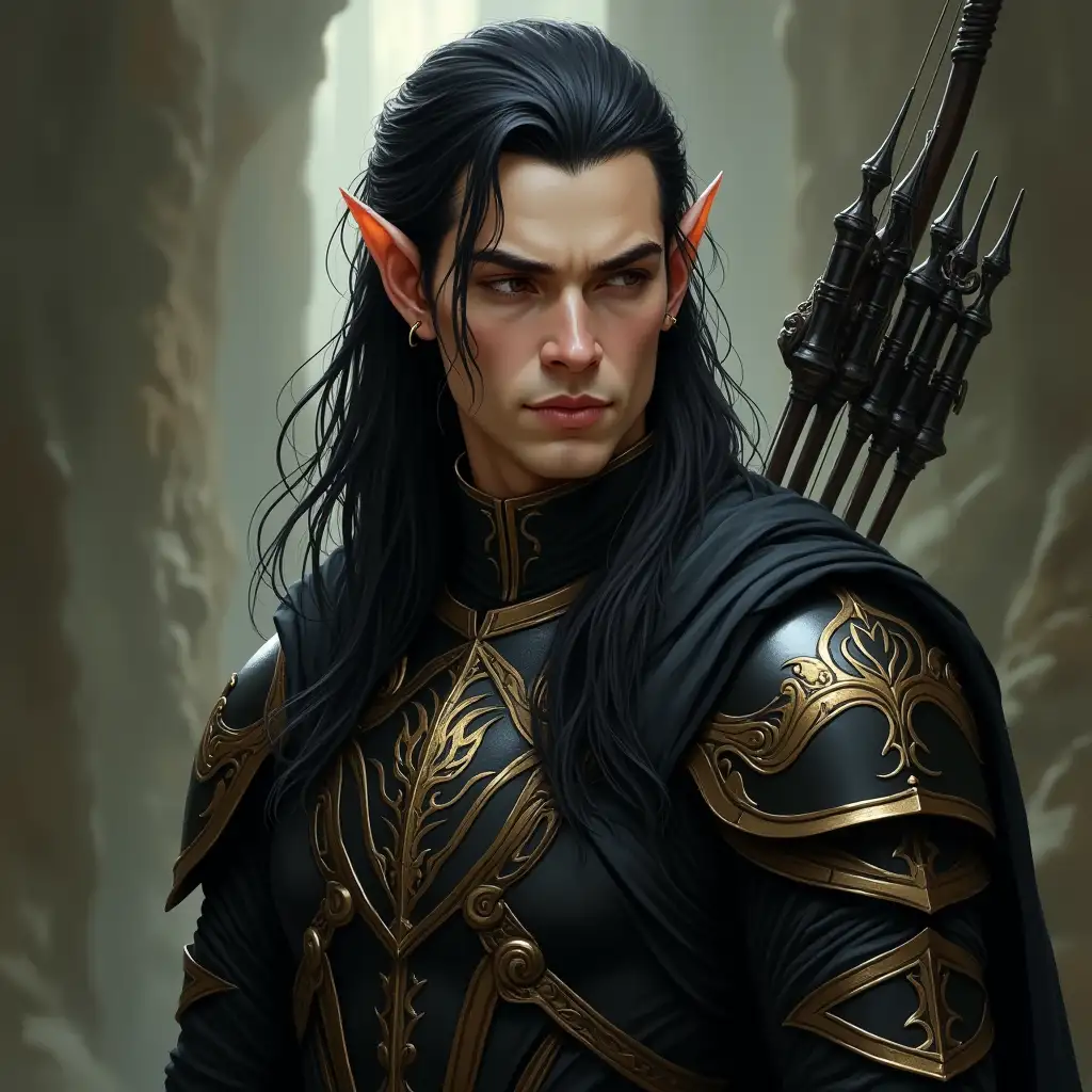 Handsome Elven Archer in Black and Gold Armor with Bow