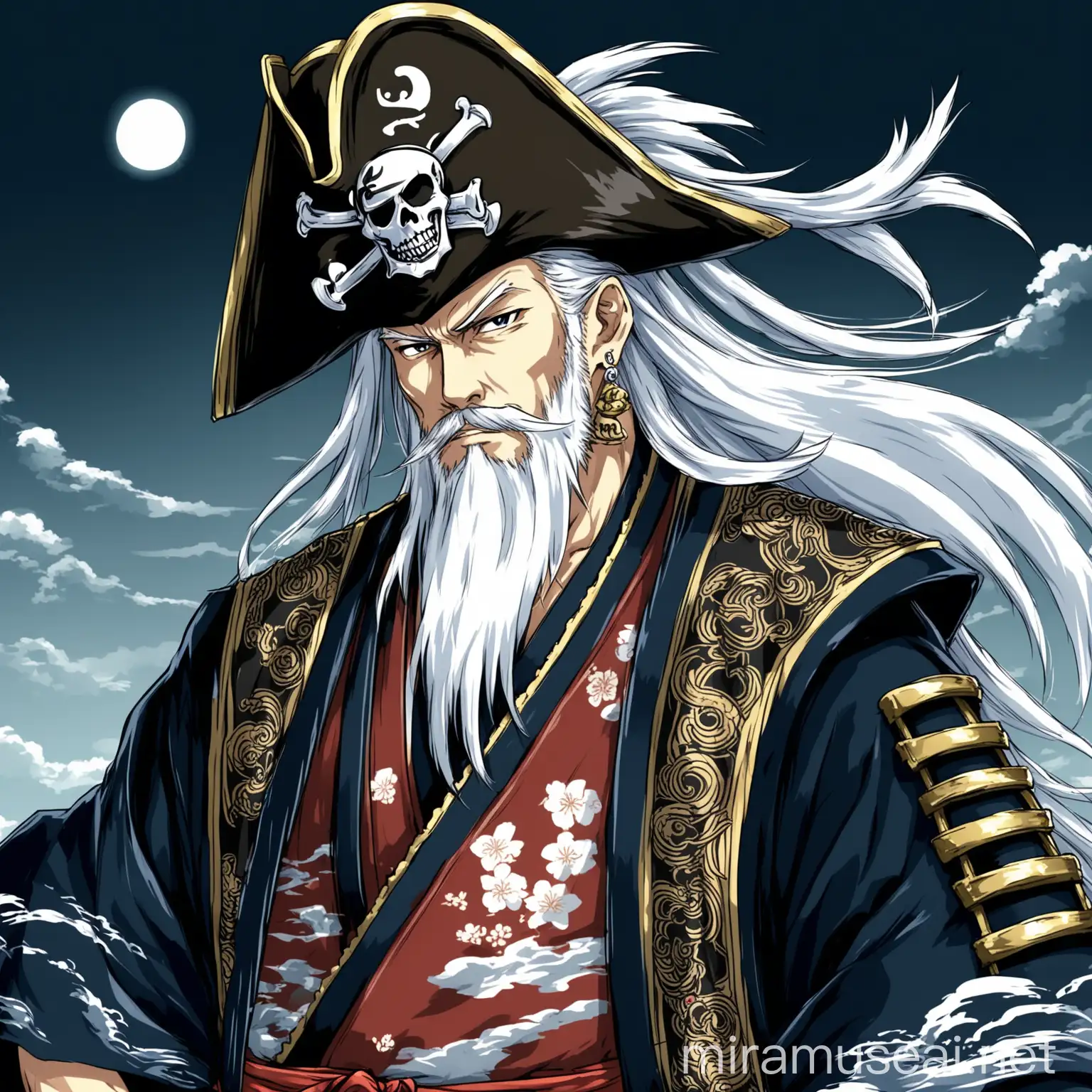 Fantasy Pirate Samurai with White Beard and Kimono in Anime Style