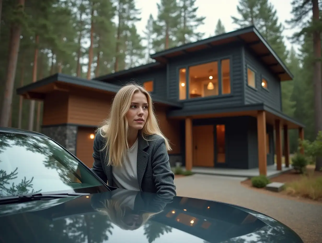 BLONDE teen woman,  leaning on car hood and talk with her youngman in front of a two-story modern house with a flat roof on the driveway pine forest , fotorealistic , face dettailed