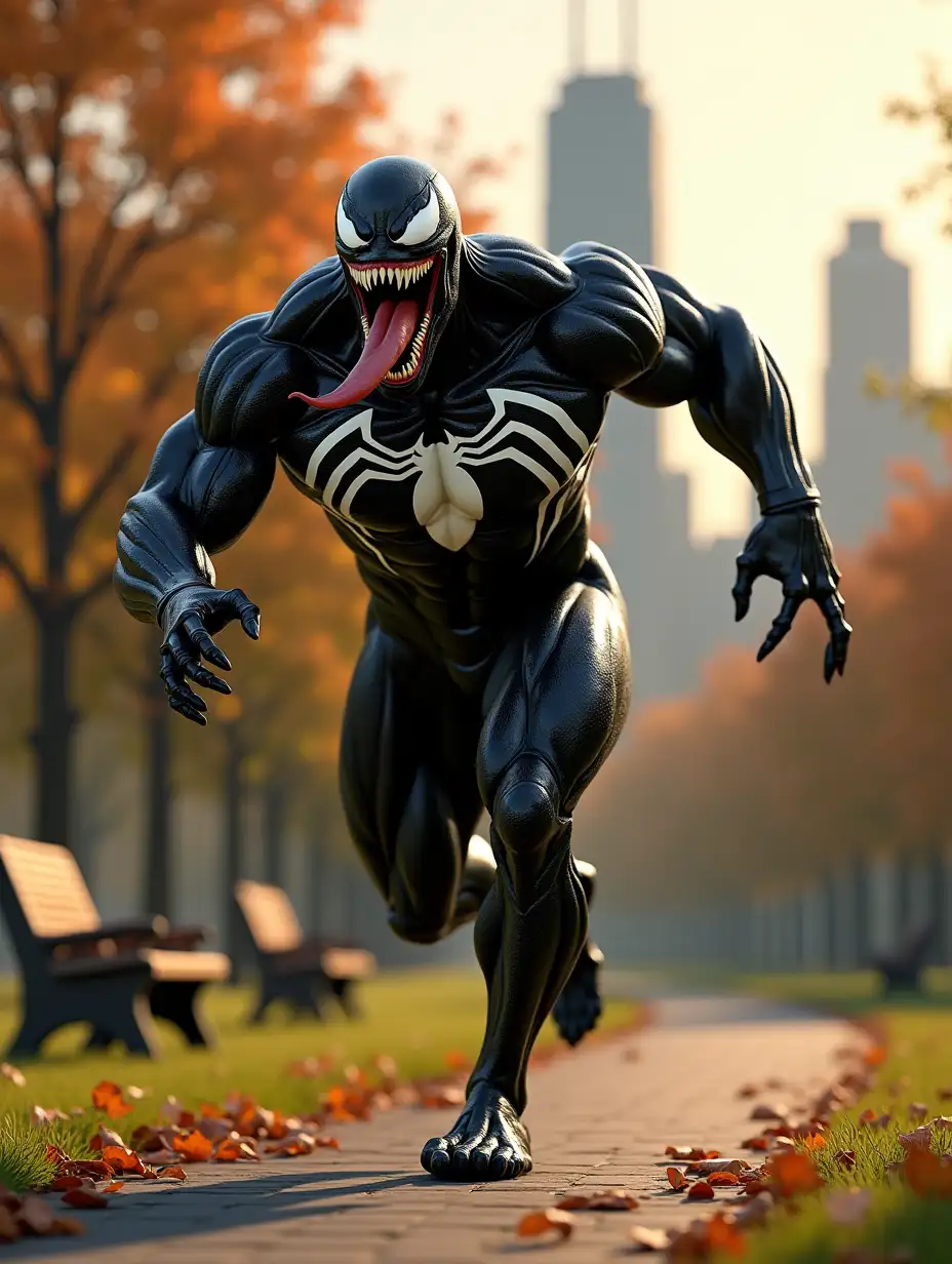 A hyper-realistic 3D-rendered 4K image of a muscular, menacing black symbiote creature resembling Venom running through a city park in autumn. His massive, veiny physique is covered in a sleek, glossy black suit with a striking white spider emblem on his chest. His large, sharp teeth are bared in a sinister grin, and his long, red tongue extends outward menacingly. His powerful arms and claws are outstretched as if lunging forward. The setting is a beautifully detailed park with green grass, scattered fallen leaves, and wooden benches lining a paved walkway. In the background, tall skyscrapers rise above the trees, bathed in warm, golden sunlight. The lighting and reflections on the character’s body create a dramatic and cinematic effect, emphasizing his terrifying presence.