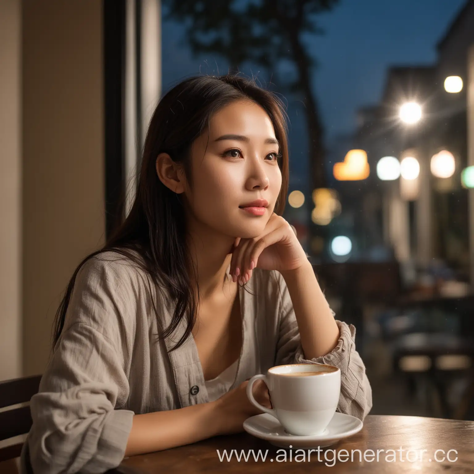 Dreamy-Asian-Woman-in-Cafe-with-Coffee-Cup-at-Night