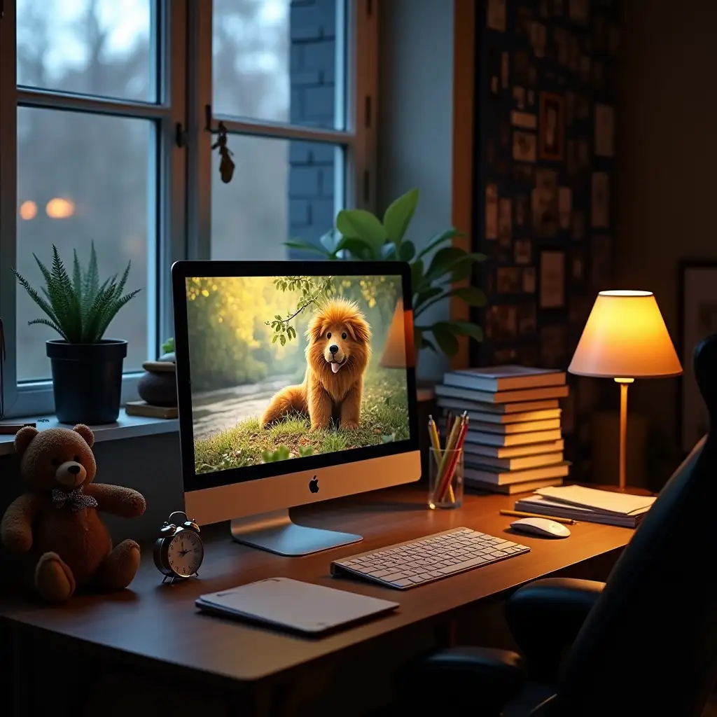 Room with desk, monitor with color photo, keyboard, glass with pens, behind a box with alarm clock, books, teddy bear, window to the left with sill and plants, pencil, magazine, lit table lamp