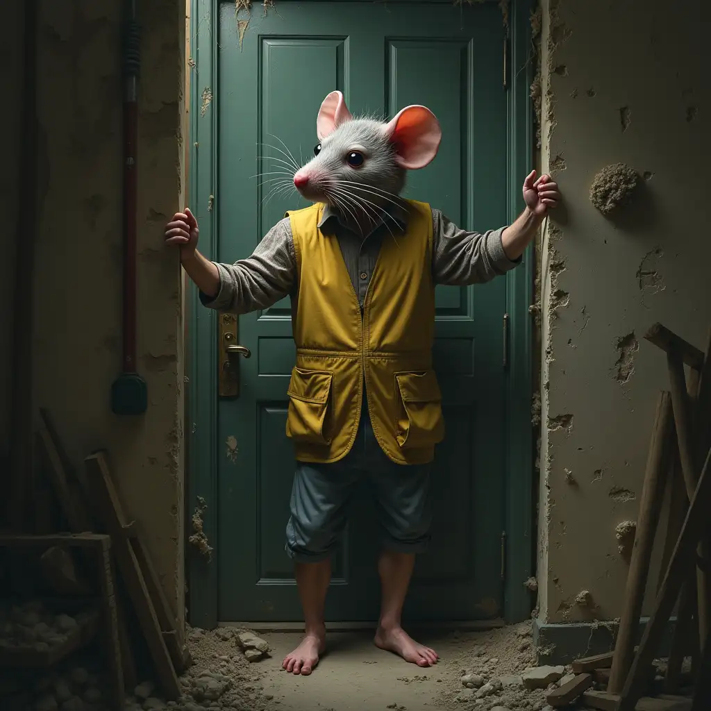 Surreal-Warehouse-Worker-with-Rat-Features-in-a-Dilapidated-Room