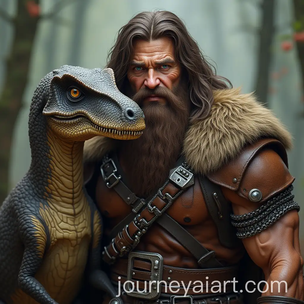Muscular-Man-Feeding-a-Velociraptor-in-Leather-Armor
