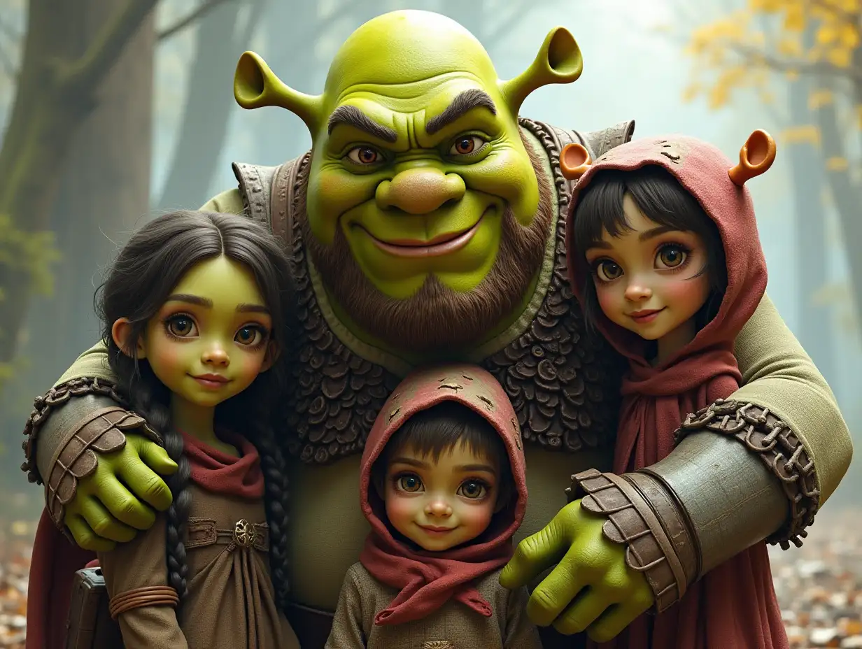 Ki-Fantasy-Family,Man,Woman, and Children, giant Shrek face with beard and with wooden armor equipment