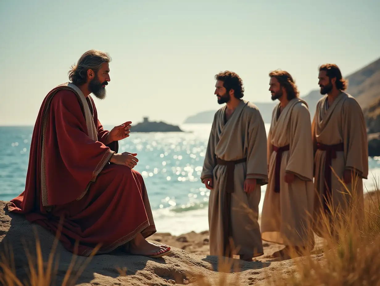 Saint Joseph at 50 years old observing his son Jesus Christ by the shores of the Sea of Galilee talking with three disciples