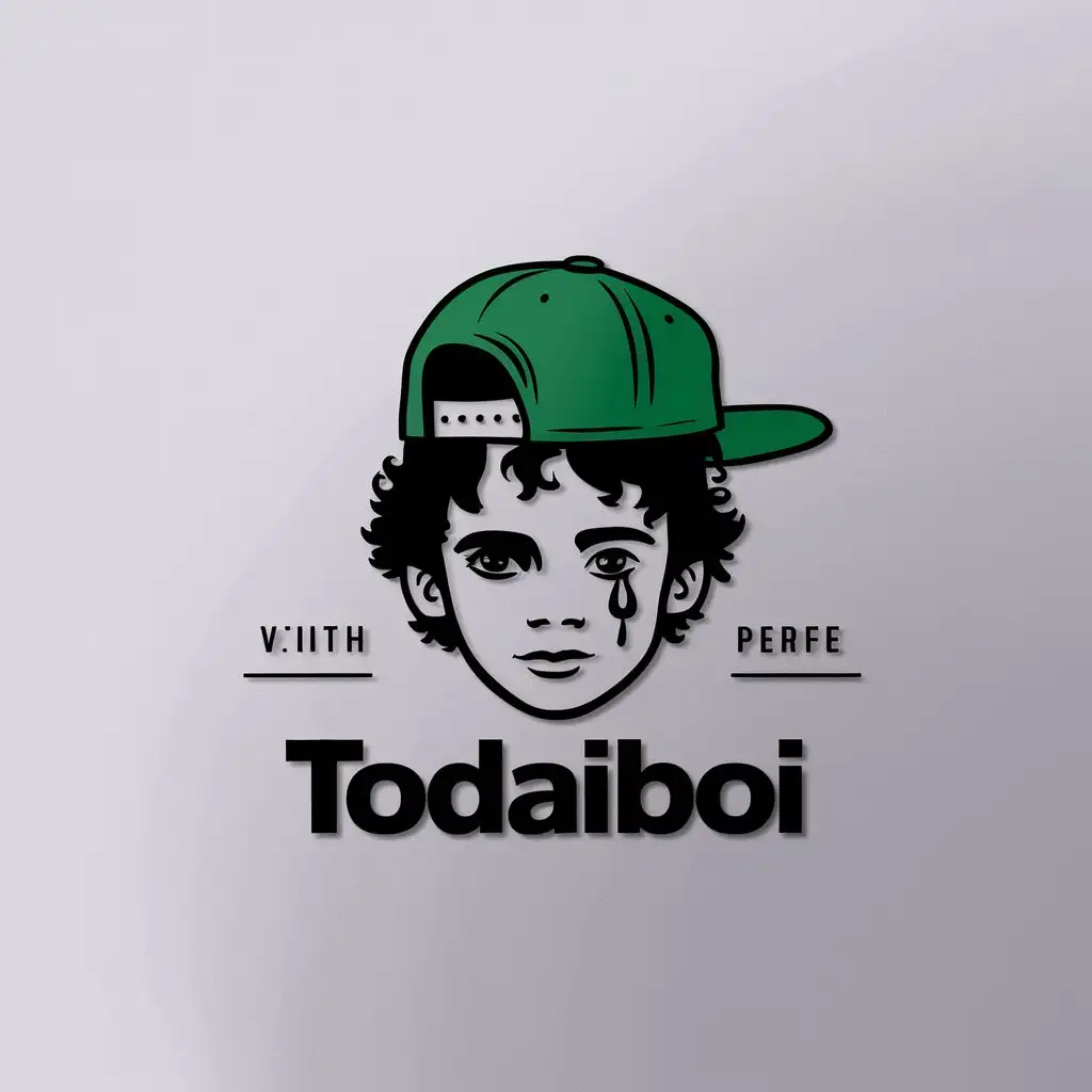 a logo design,with the text "todaiboi", main symbol:boy in green cap, brim facing backward, curly hair and tattoo of two tears near eye,Moderate,be used in Entertainment industry,clear background