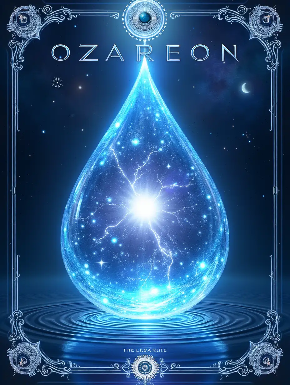 *Cover of the metaphorical cards 'Ozareon'*n**Visual Concept:**n1. **Central Image**: n   - Surrealistic **water drop shaped portal**, shimmering in all shades of blue, purple and silver. Inside the portal - twinkling stars, abstract patterns reminiscent of neural networks, and silhouettes of flying birds dissolving in light.n   - Floating above the portal is a **crystal eye** with iridescent facets, symbolizing all-seeing consciousness and depth of self-reflection.n2. **Background**: n   - Deep cosmic space with nebulae in blue-gold tones.n   - At the edges - semi-transparent **geometric figures** (pyramids, spheres, spirals), illuminated from within, symbolizing archetypes and hidden knowledge.n3. **Title**:n   - The word '**OZAREON**' is written in a font resembling **frozen ice with electric veins**. Letters shimmer with a gradient from azure to silver.n   - Below the name - a symbolic signature: a stylized sun woven with the moon, uniting opposites (light/darkness, rationality/intuition).n4. **Details**:n   - At the bottom of the cover - the portal's **reflection in water**, where instead of stars there are ancient runes barely visible in the waves.n   - In the corners - patterns reminiscent of **tree roots and wings**, symbolizing the connection between earth and sky, growth and freedom.nn**Style**: Mix of digital surrealism and fantastic realism with an emphasis on depth and play of light. Prevalence of cold tones (indigo, turquoise), accents - gold and neon white.