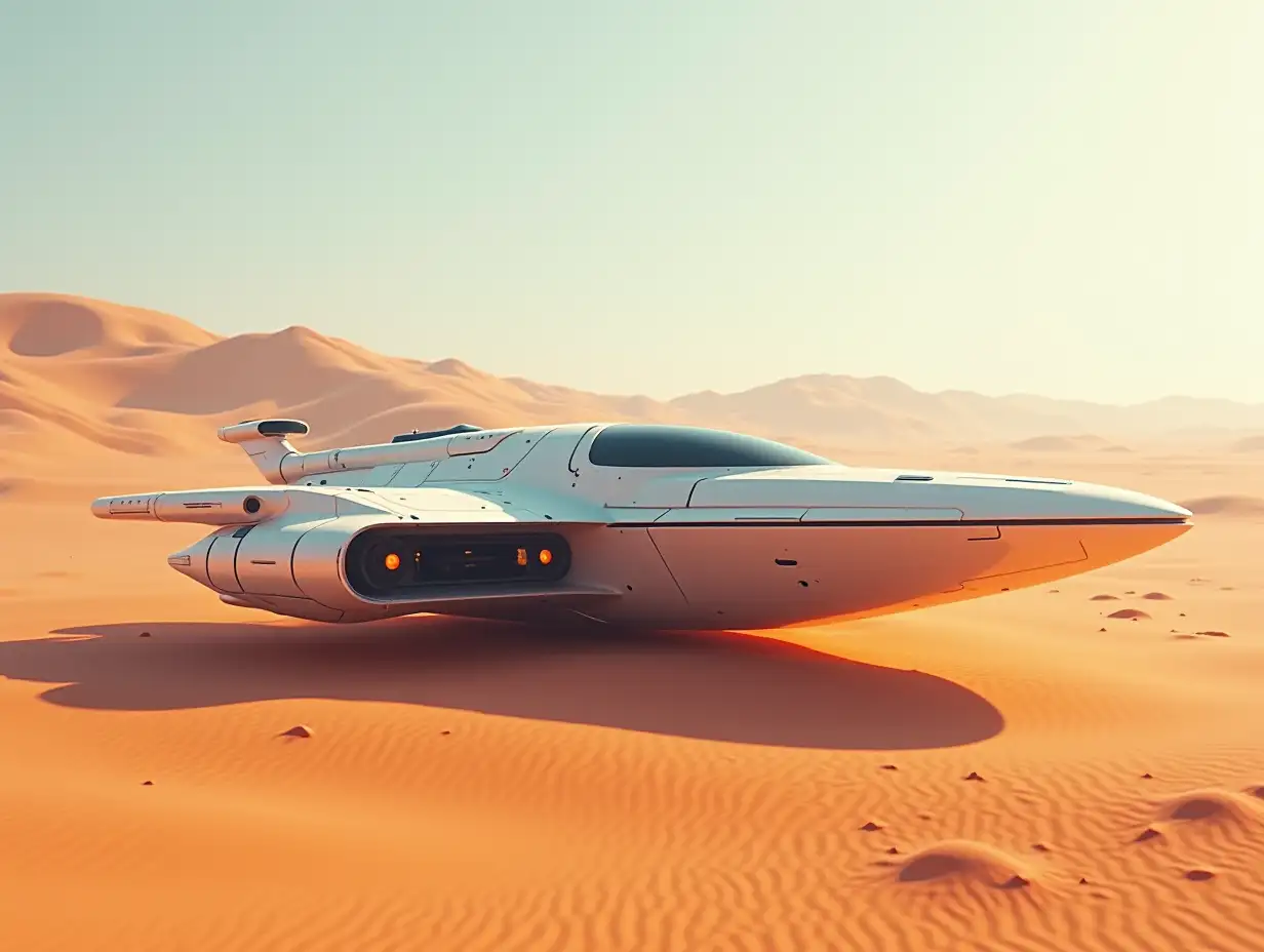 Create a sleek, modern spaceship in the desert