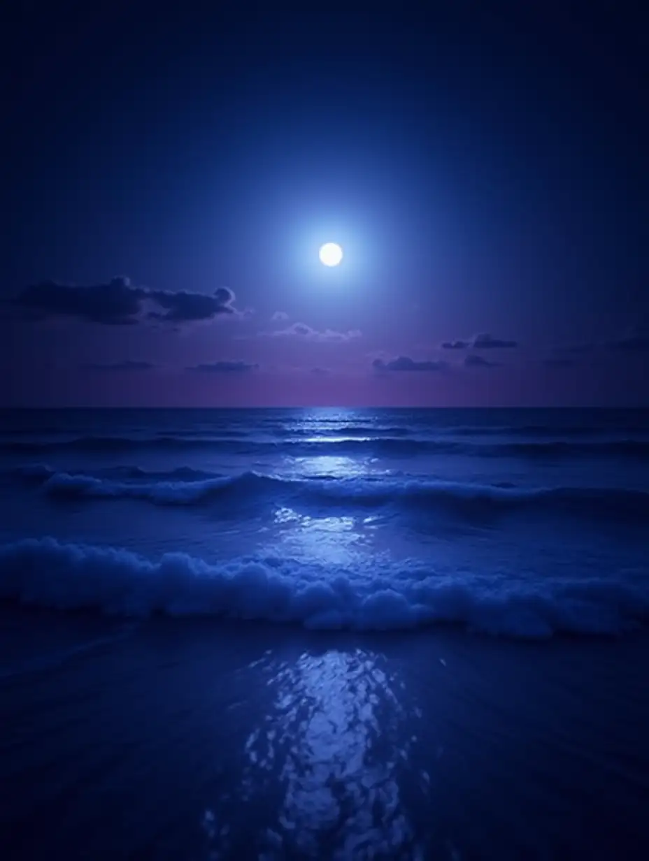 A tranquil nighttime seascape under a glowing full moon, casting its silvery light over calm ocean waves. The water reflects a mesmerizing blend of deep blues and soft purples, creating a dreamlike atmosphere. The sky is a gradient of twilight hues, transitioning from indigo to violet, with faint, wispy clouds adding texture. The scene is serene and mystical, evoking a sense of peace and wonder.