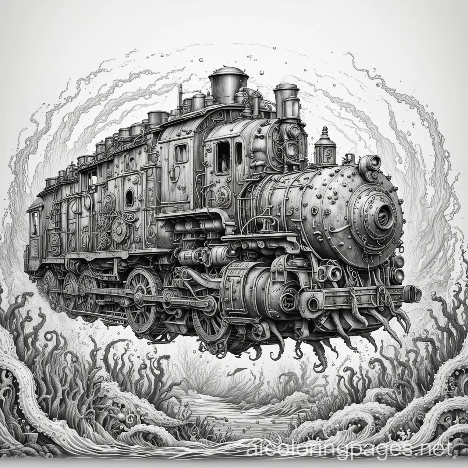 Underwater-Locomotive-Chased-by-Kraken-Coloring-Page