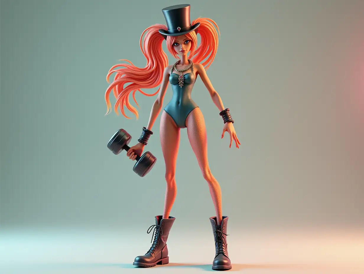 A very long 3-D female figure with very thin hairy legs and very long thin arms with top hat and boots and wearing jewelry.and has a dumbbell in the hand 4K resolution Colorful