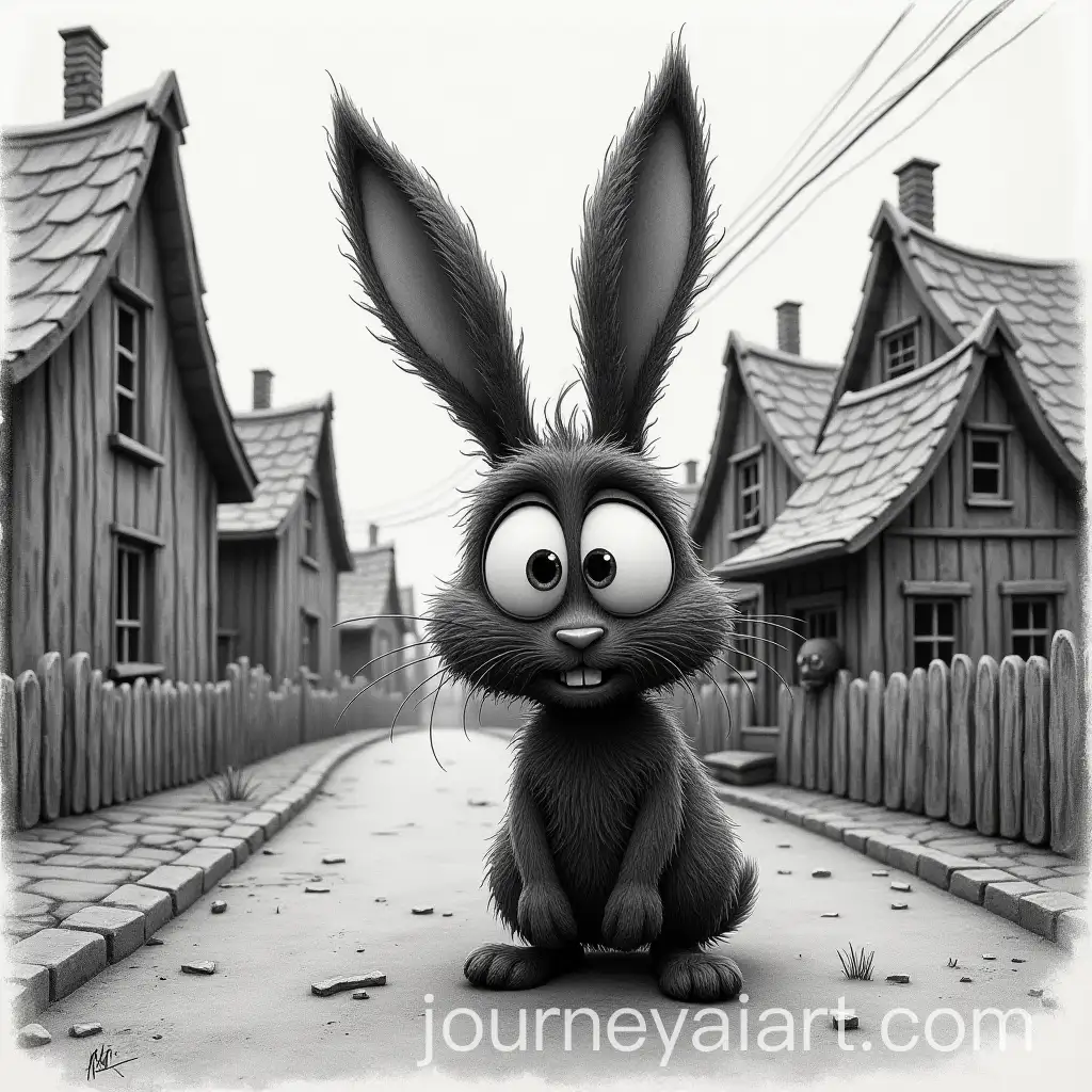 Whimsical-Scruffy-Rabbit-on-a-Village-Street-with-Wonky-Houses