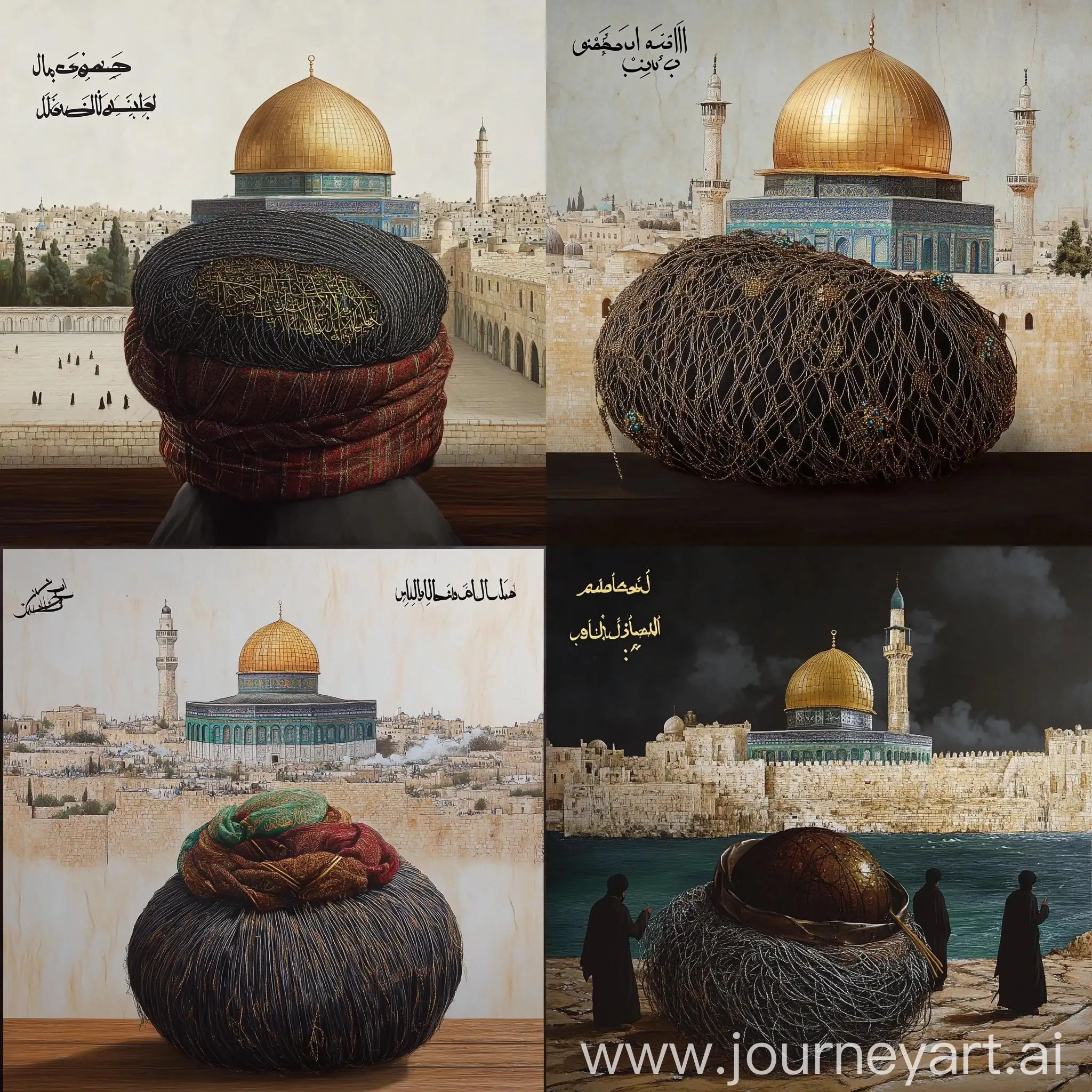 Group-of-People-in-Islamic-Turbans-Thanking-Mount-Bishri-and-Carrying-AlAqsa-Mosque