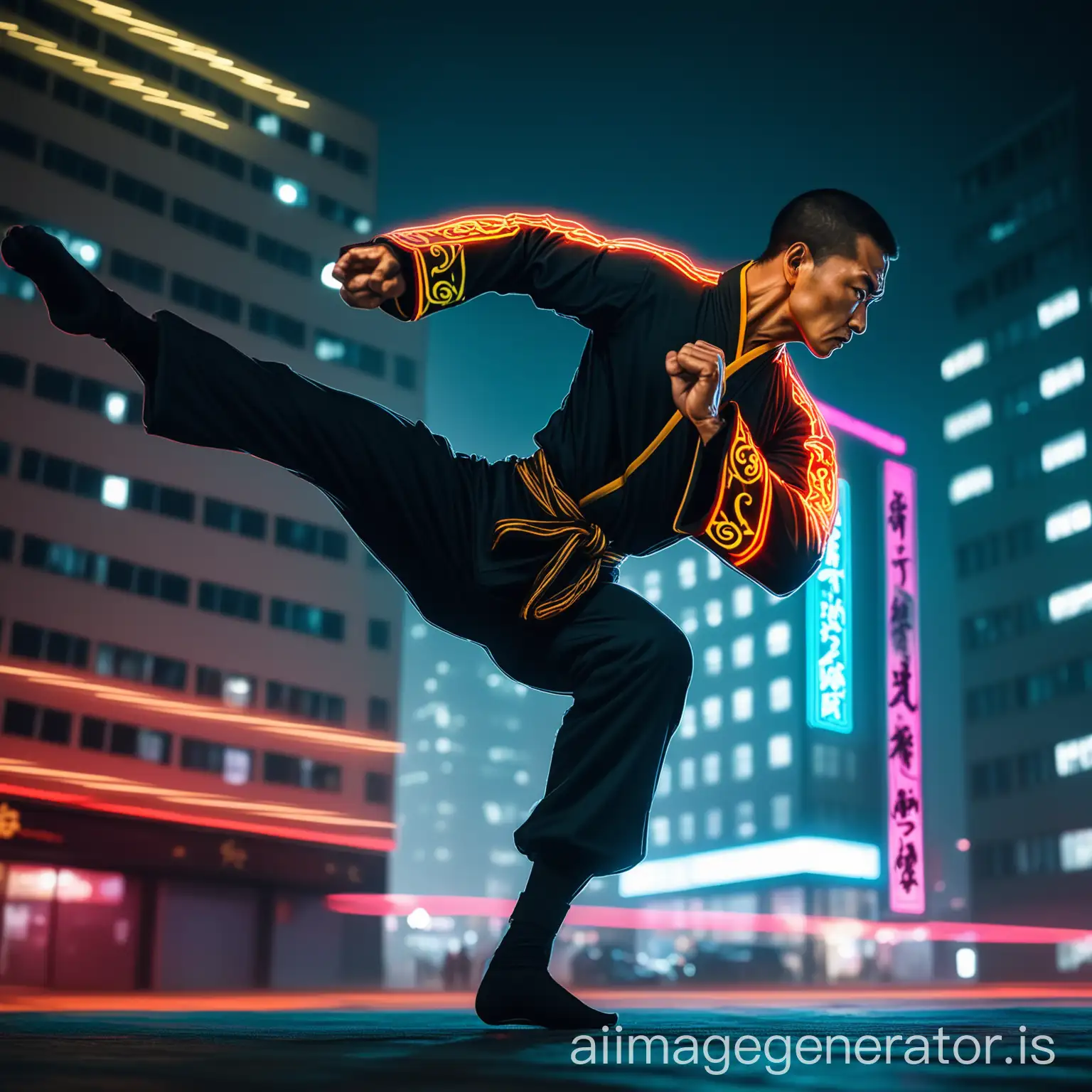 Urban Kung Fu, high-rise building background, neon lights at night, martial artist, black tight-fitting clothes, concentrated expression, flipping in the air, long focus lens, dynamic blur