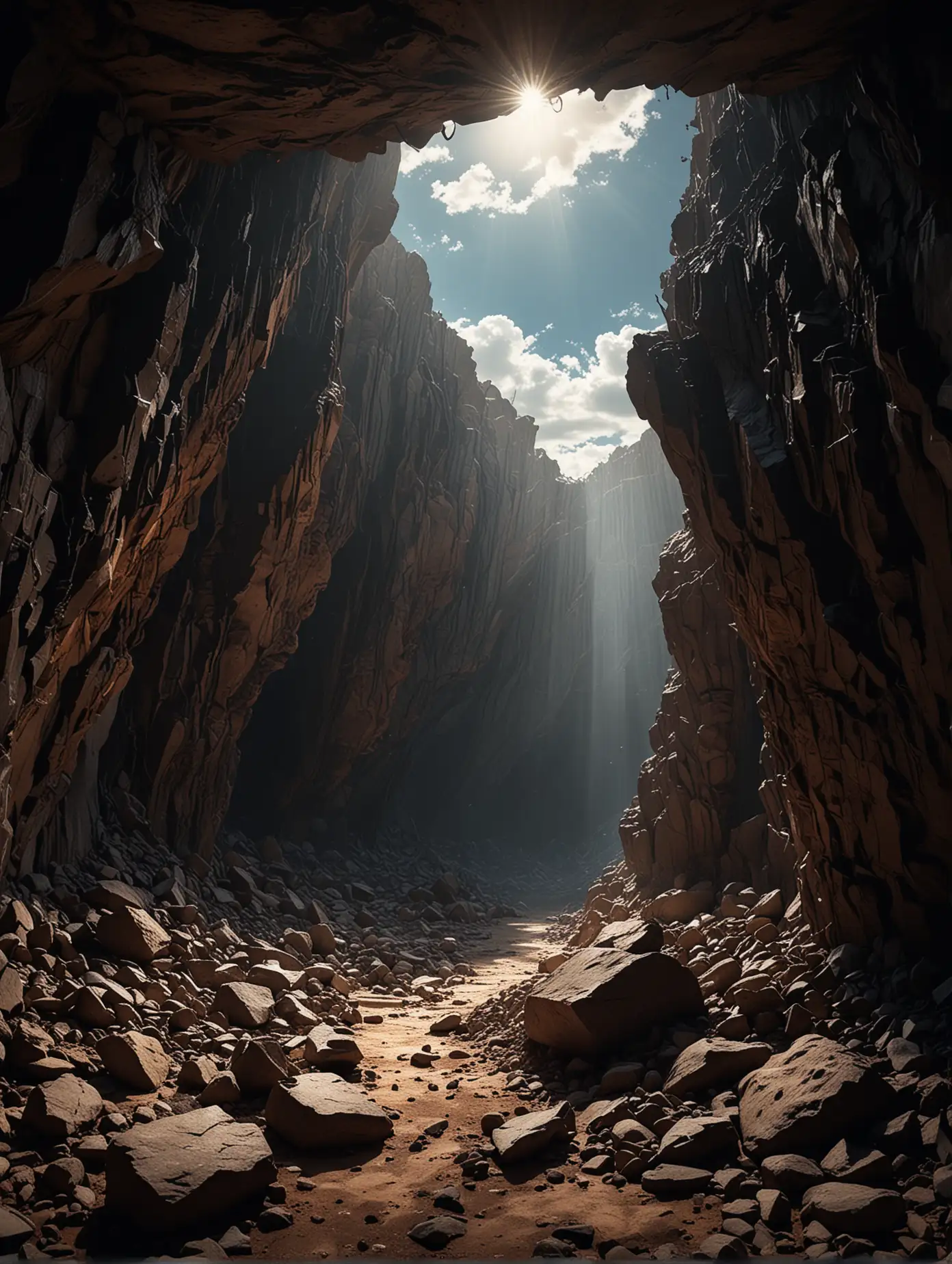 A dark, cavernous pit surrounded by jagged rocks, the scene bathed in a dramatic interplay of light and shadow, symbolizing escape and hope. The pit's entrance is narrow and menacing, but the bright, vivid sky with rays of sunlight breaking through above, capturing a moment of triumph over adversity. The environment is barren yet powerful, with rich, detailed textures that highlight struggling to victory. Captured with a super wide lens, large depth of field, coloring is rich and vivid, 8k resolution and composition.